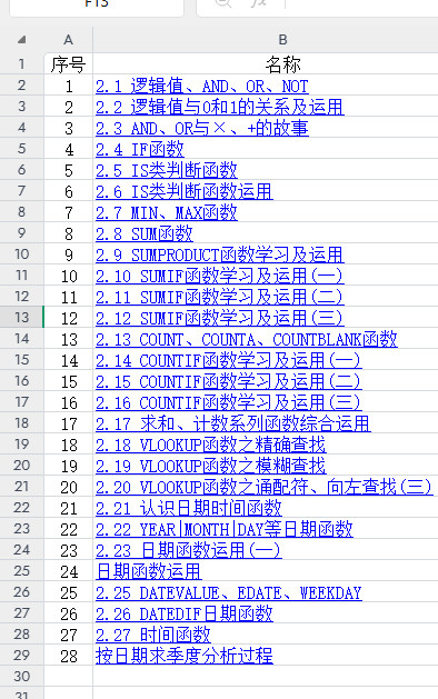 Excel函数目录，包含逻辑值、IF、SUM和VLOOKUP等函数
